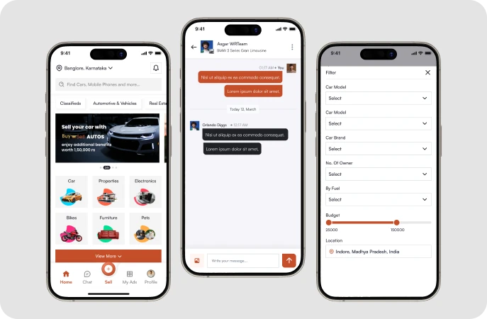 BuySell multi-tier system with mobile buyer view, interactive listing pages, and central moderator panel