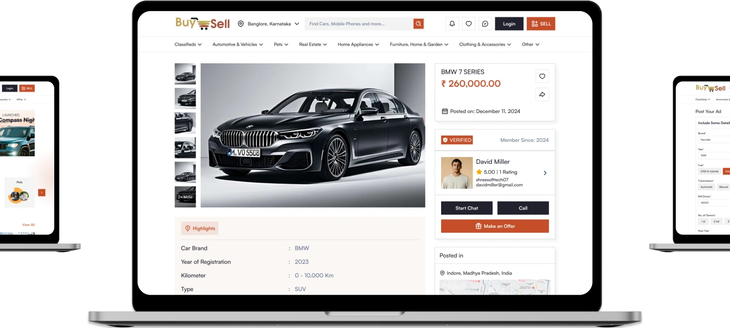 BuySell classifieds platform home screen, mobile app and admin management console showing user lists and listings metrics