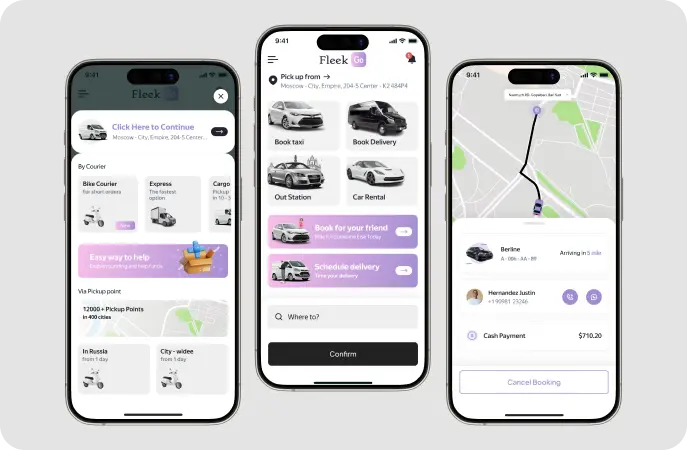 taxi booking and delivery app interface with real time tracking