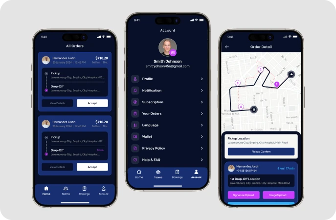 GoFleet 3-app delivery management system featuring driver app, customer interface, and vendor marketplace dashboard