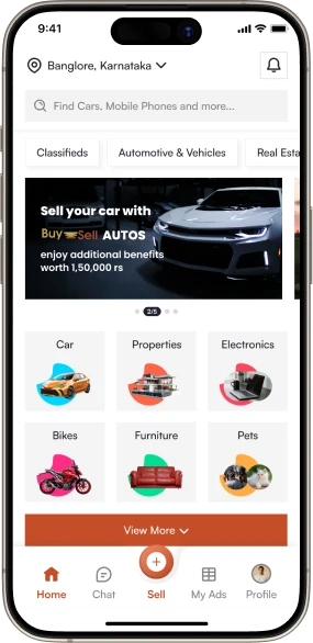 Classified mobile app showing featured listings and category navigation